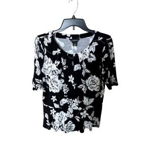 Liz Claiborne Floral Print Career Top Ruffle Hem Black White L